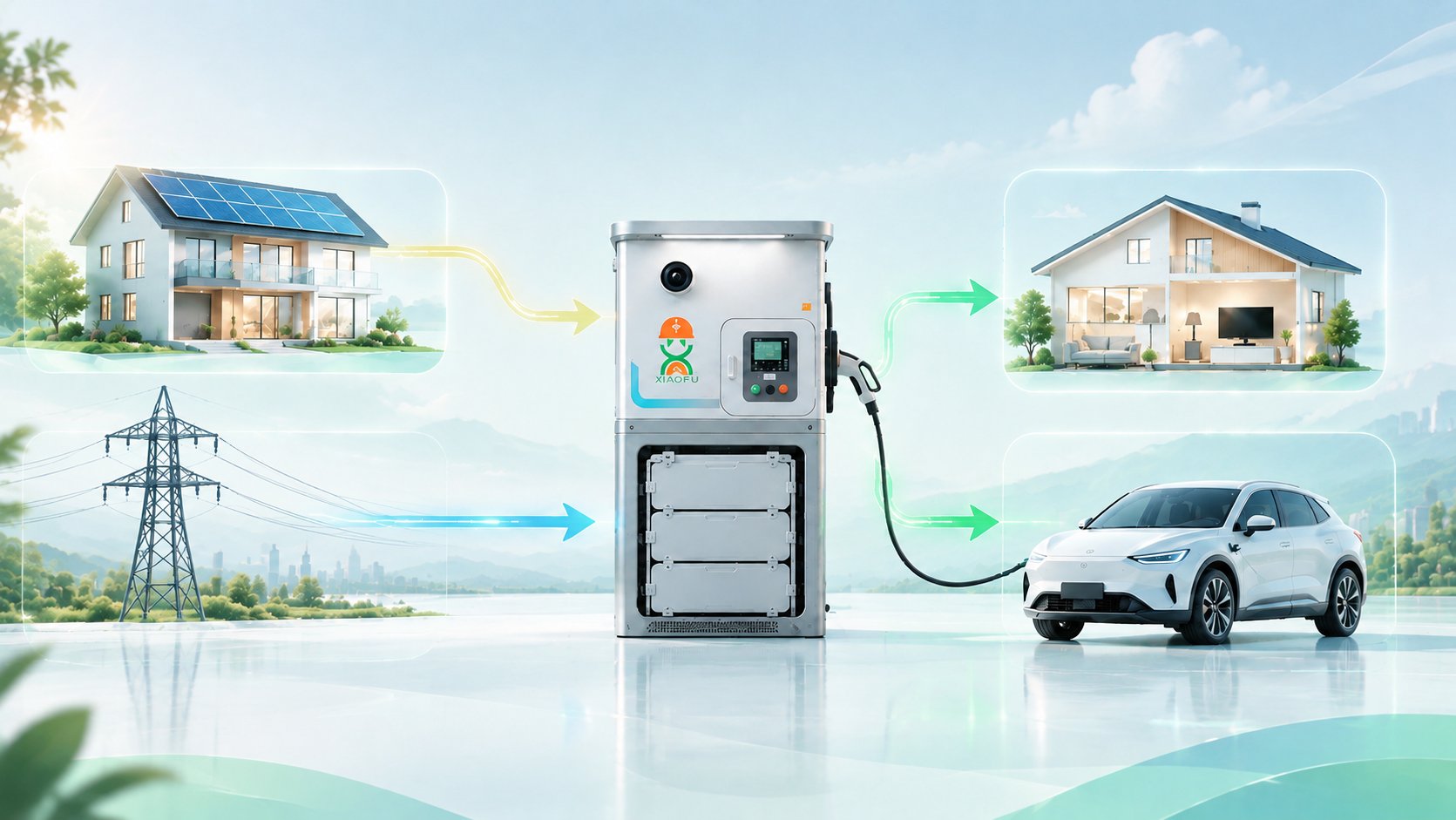 XF-GSC-30K45L-40DC-EU energy flow — rooftop solar and grid input feeding the all-in-one cabinet, powering the home and 40 kW DC fast charging for an EV