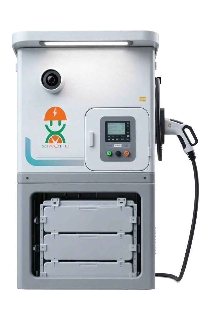 Xiaofu XF-GSC-30K45L-40DC-EU front view — all-in-one solar, storage and EV charging cabinet with 7-inch HMI